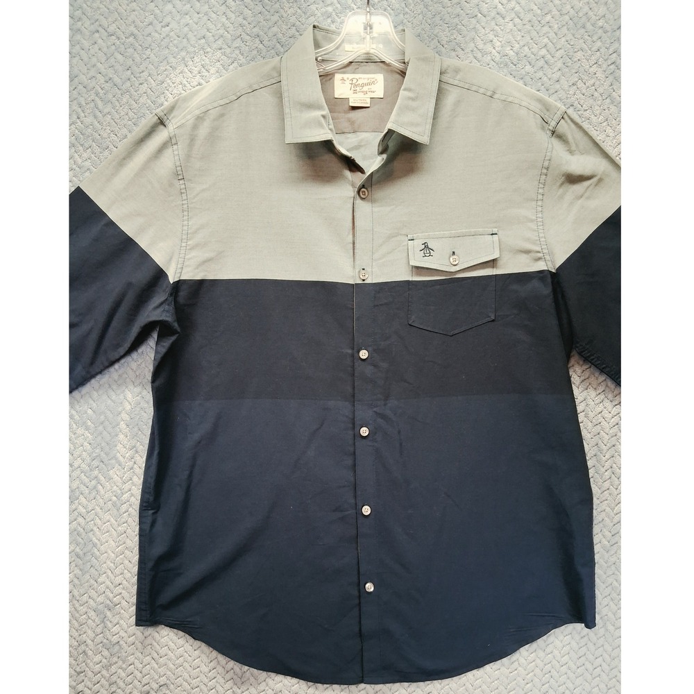 Original Penguin Mens XL Color Block Long Sleeve Button Down Shirt Blue Grey